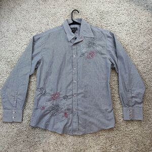 YMLA Button Up Dress Shirt Long Sleeve Size XL Blue White Striped Shirt embroide